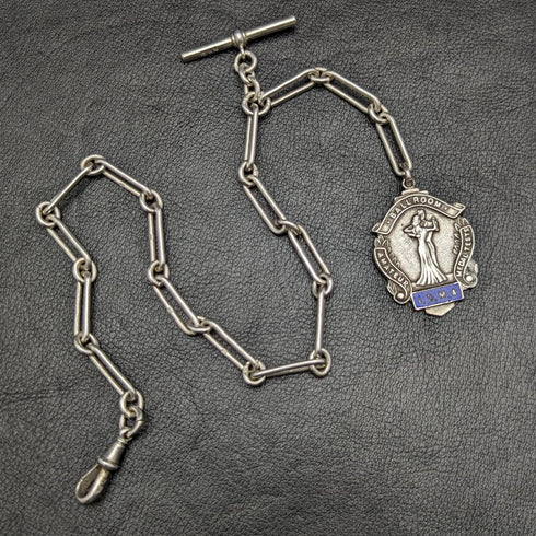 Around 1920 British Antique Pure Silver (925 Silver) Albert Chain 37g Medal Fob
